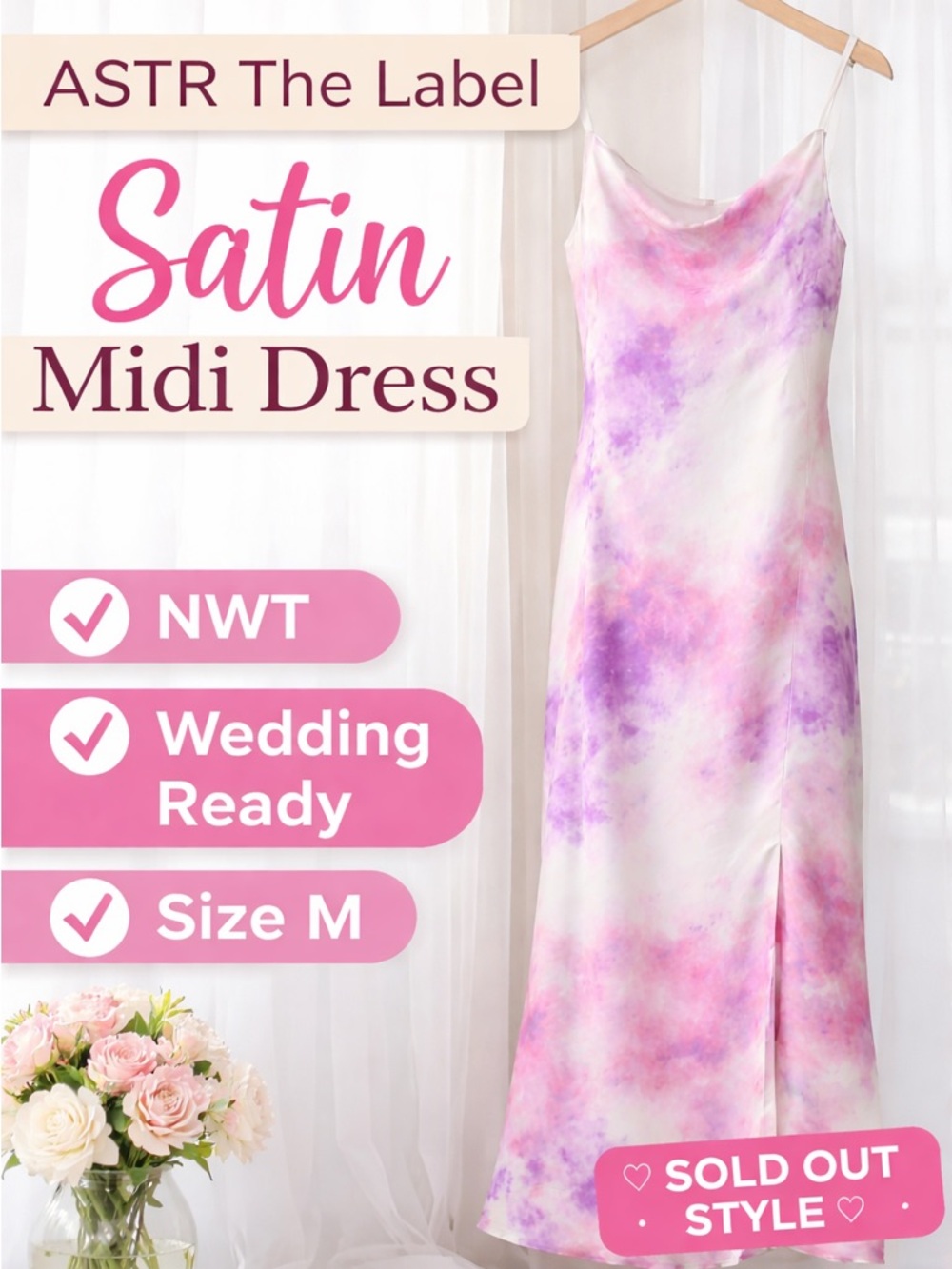 ASTR The Label Satin Midi Size M NWT Pink Purple Tie Dye Slip Dress Revolve